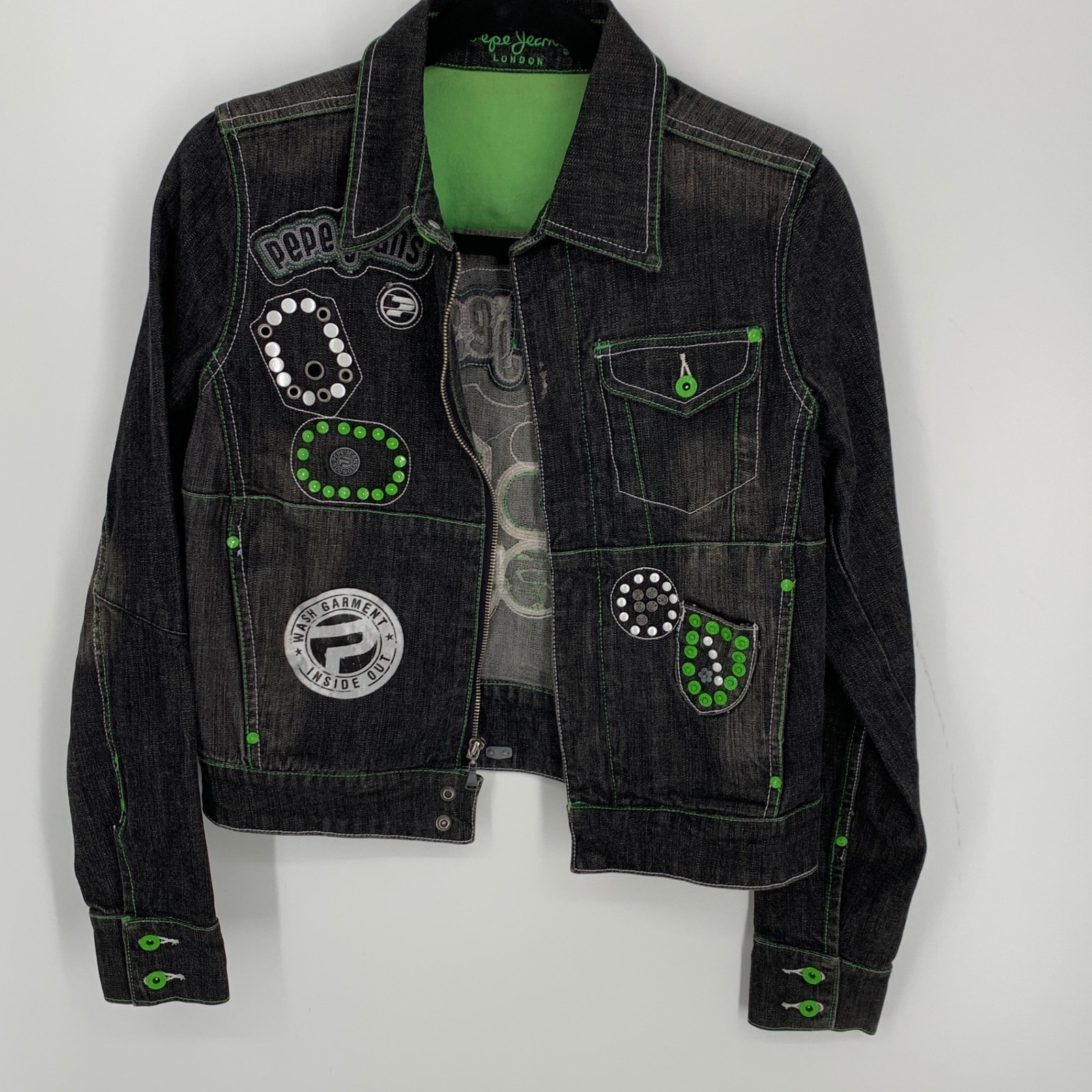 Pepe Jeans London M Black Denim Jacket Neon Green Stitching Y2k — image 2 of 8